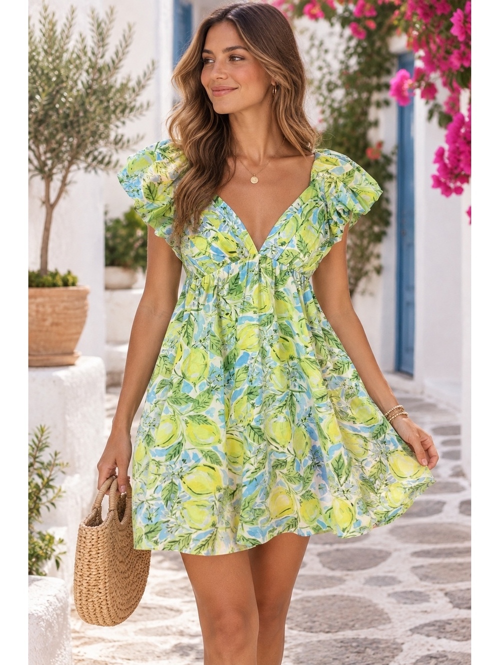 MEET ME IN SANTORINI Lemon Print Ruffle Open Back Mini Dress NWOT Small - Picture 2 of 5